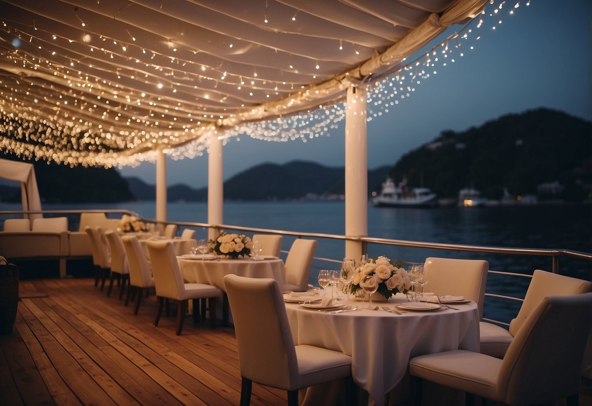 A yacht deck is covered with a canopy of twinkling string lights, creating a romantic and elegant ambiance for a wedding celebration