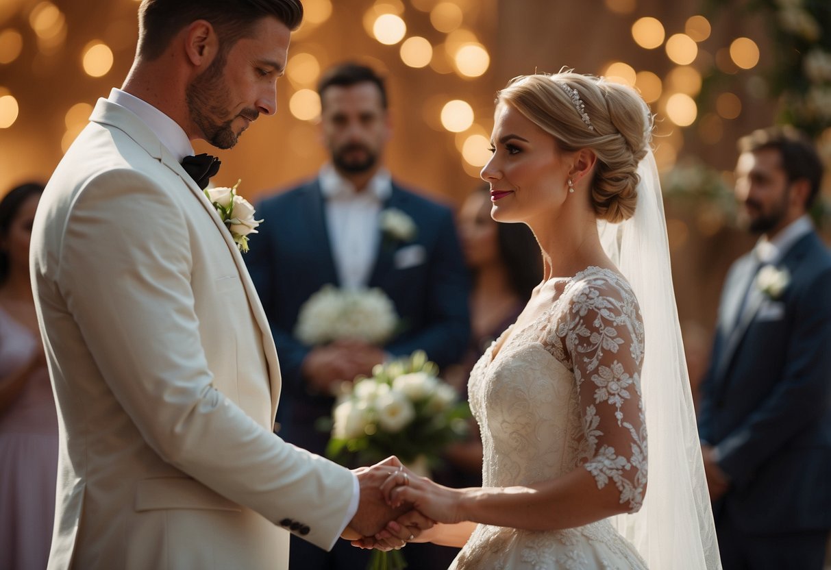 A bride and groom stand facing each other at the altar. The groom holds the vows in his hand, while the bride waits expectantly