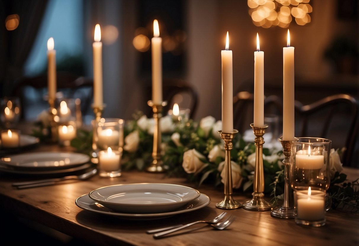 A candlelit table set with elegant dinnerware, surrounded by soft lighting and romantic decor, awaits the couple at the location of their first meeting