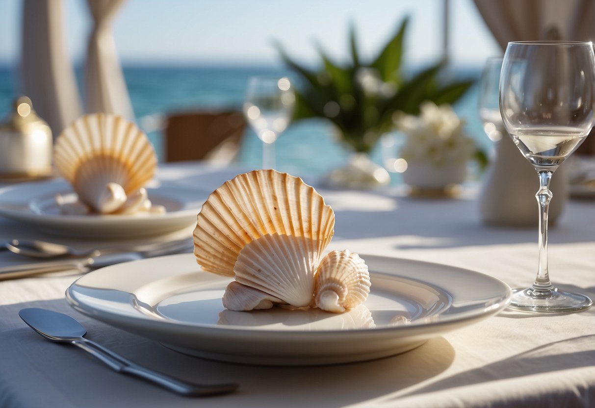 Seashell place cards arranged on a yacht's elegant table setting, with ocean views in the background