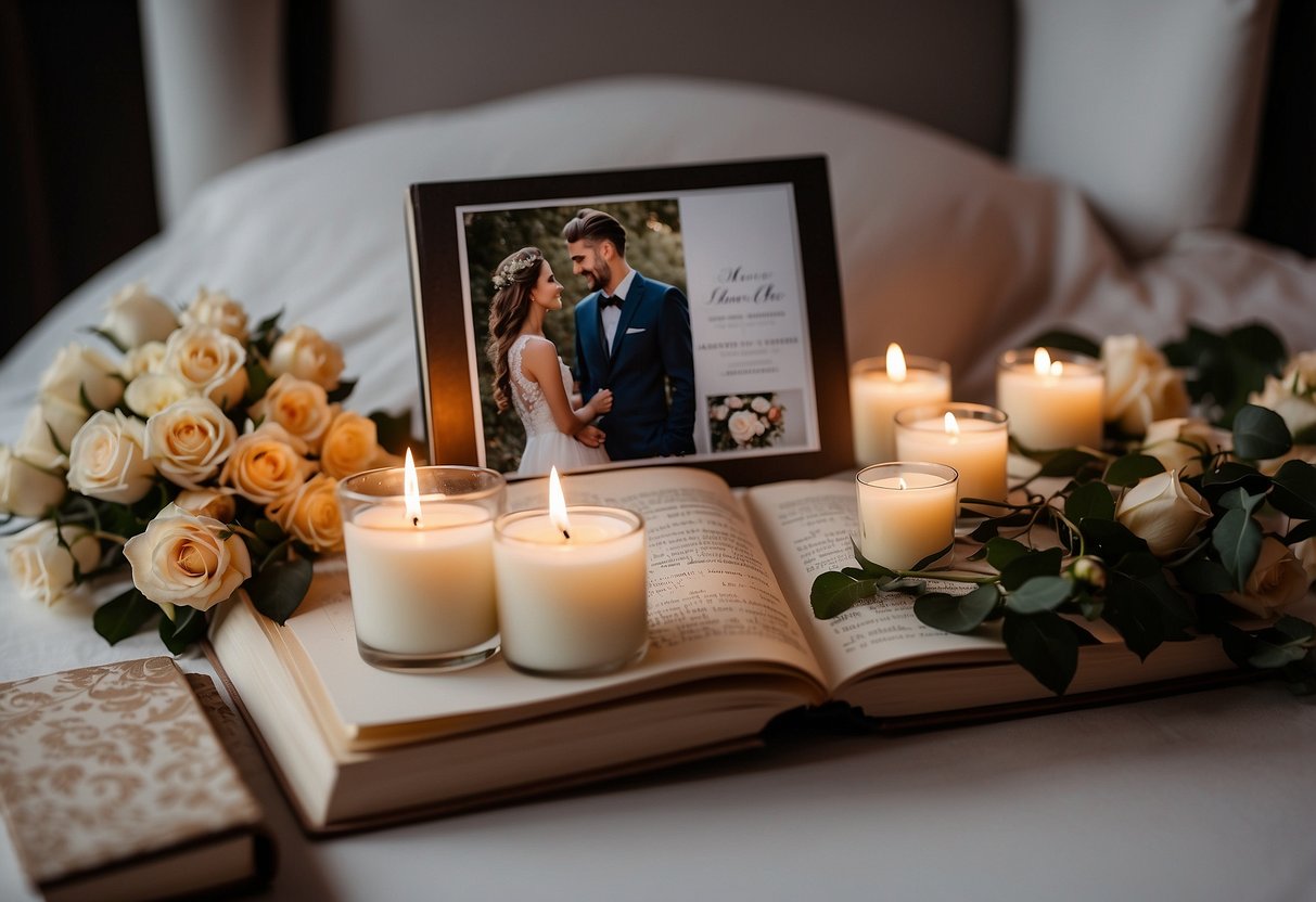 A couple's wedding photos arranged in a custom photo book, surrounded by romantic elements like roses, candles, and a heart-shaped frame