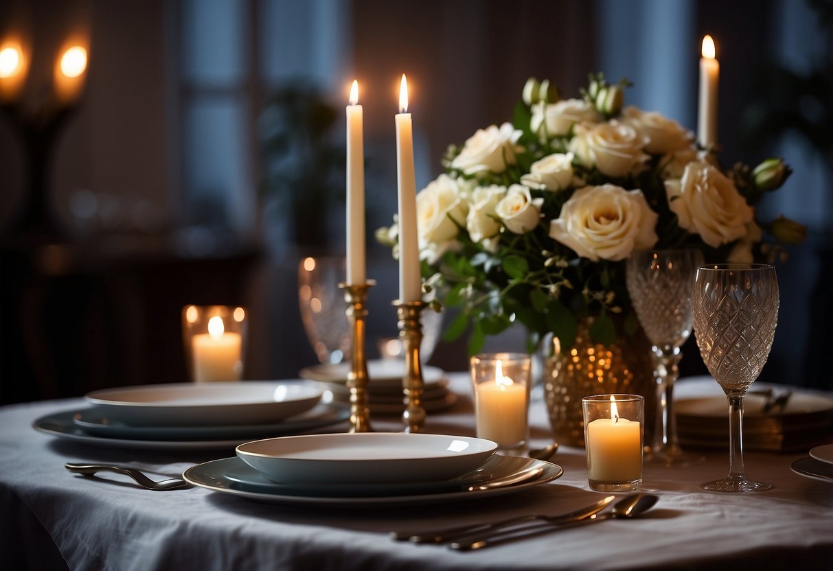 A candlelit table set with elegant dinnerware, a bottle of wine, and a bouquet of flowers. A delicious home-cooked meal awaits, creating a romantic ambiance for a 17th wedding anniversary celebration