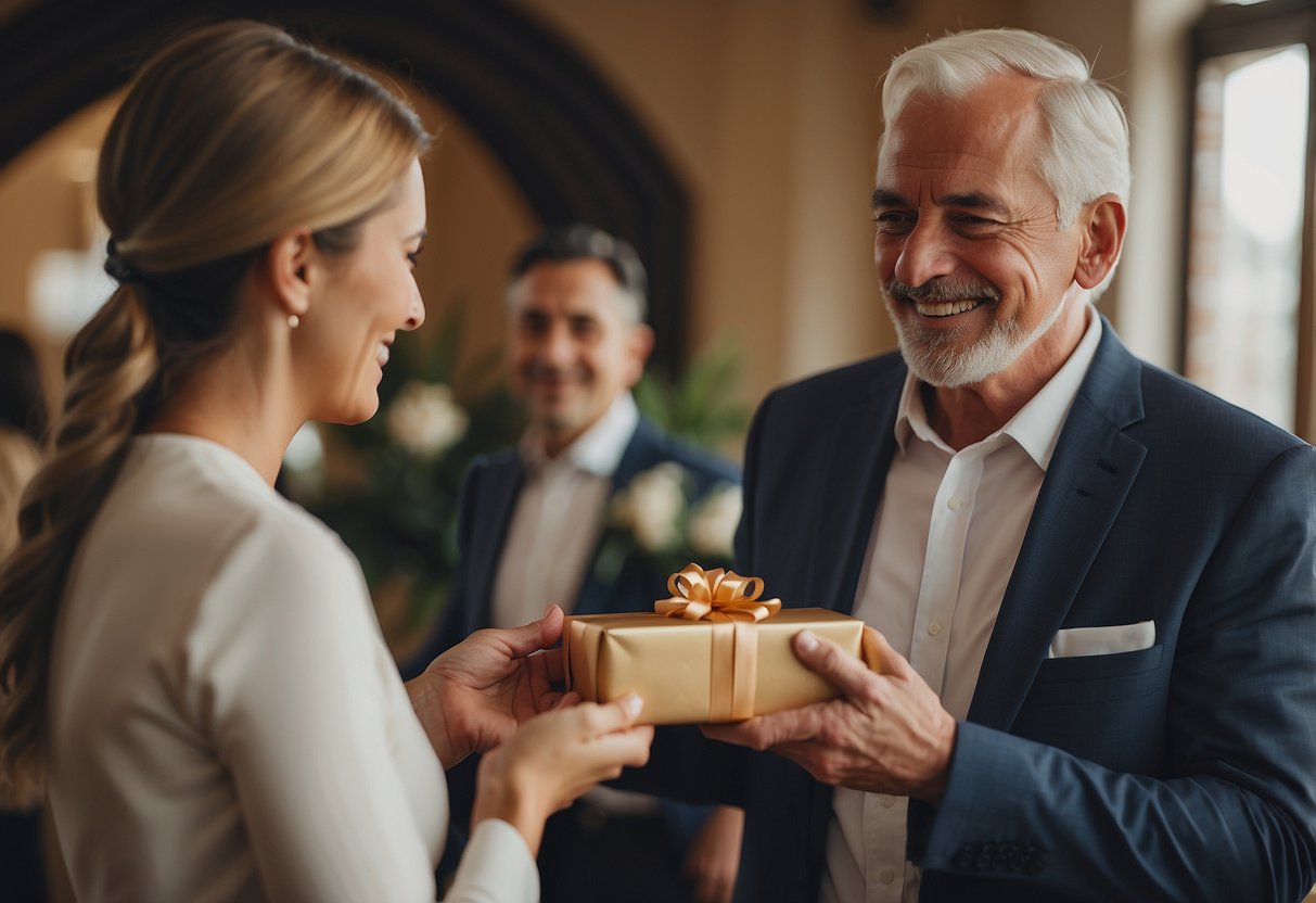 The father of the groom receives a wrapped gift with a bow on it from a well-wisher