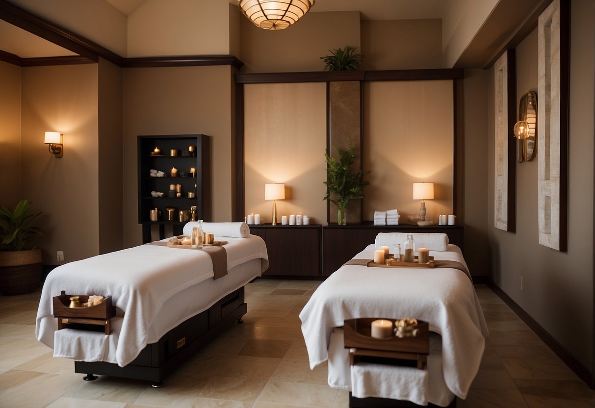 A serene spa room with two massage tables, soft ambient lighting, and soothing music. Aromatherapy scents fill the air, creating a tranquil atmosphere for a couple's 17th wedding anniversary spa day