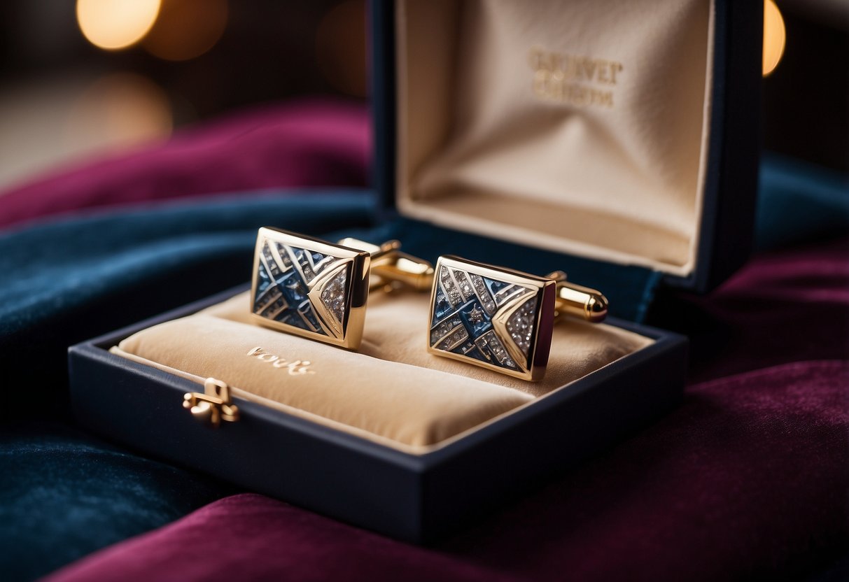 A box of engraved cufflinks sits on a velvet cushion, ready to be presented as a gift to the father of the groom