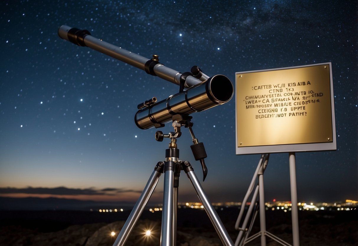 A night sky with a shooting star streaking across, a telescope pointing upwards, and a plaque with the name of a star dedicated to a partner