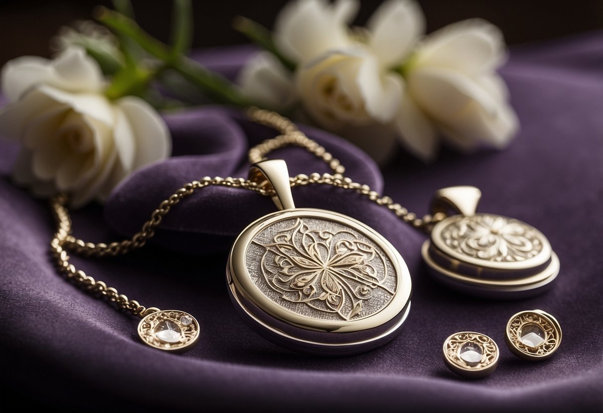 A custom-engraved necklace and matching cufflinks sit on a velvet display, surrounded by delicate flowers and a handwritten love note