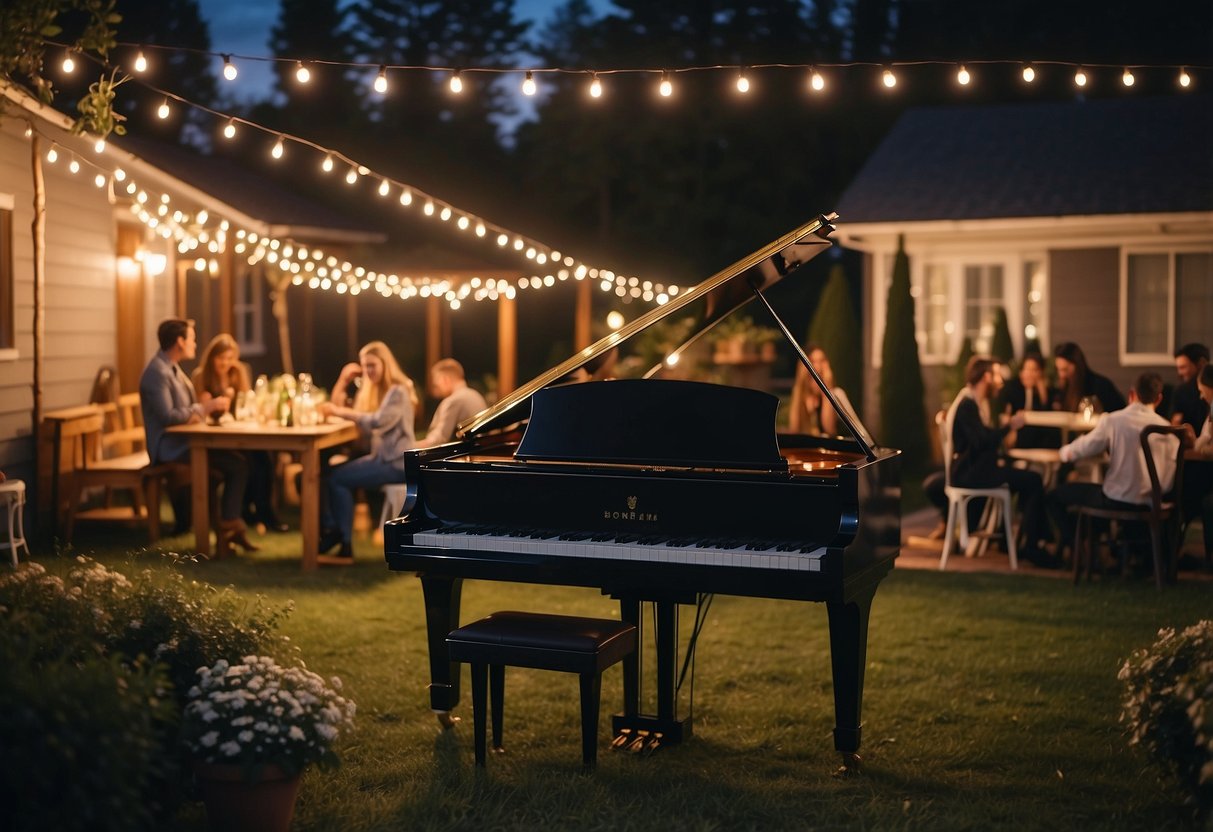 A cozy backyard set with twinkling lights, a small stage, and a grand piano. A couple sits at a table, surrounded by friends and family, enjoying a private concert under the stars