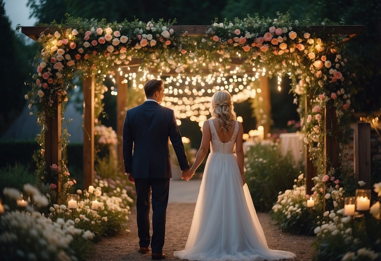 A couple stands in a garden, surrounded by flowers and twinkling lights. They hold hands and exchange vows, symbolizing their enduring love on their 17th anniversary