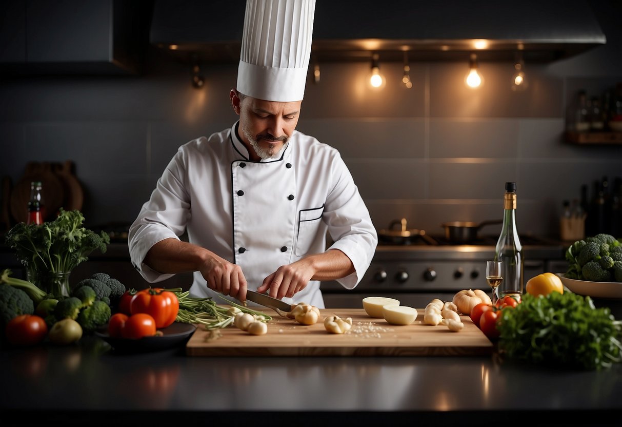 A chef prepares a romantic dinner in a luxurious kitchen for a 17th wedding anniversary. Ingredients are laid out, and the chef is seen cooking with precision and care