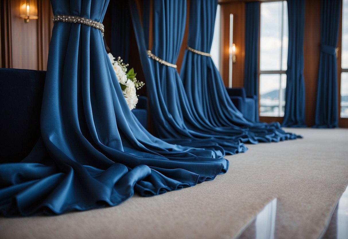 Elegant drapes with blue accents adorn the yacht, creating a sophisticated and luxurious ambiance for a wedding celebration