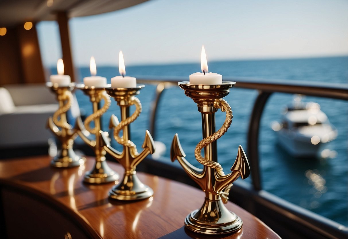 Candle holders shaped like anchors adorn a yacht's deck, adding a nautical touch to a wedding celebration