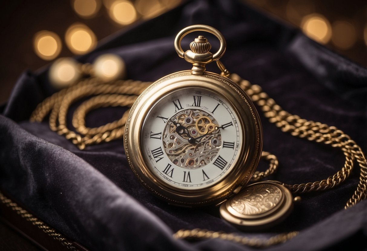 A handcrafted pocket watch with "Father of the Groom" engraved on it sits on a velvet-lined box, surrounded by elegant wrapping and a personalized note