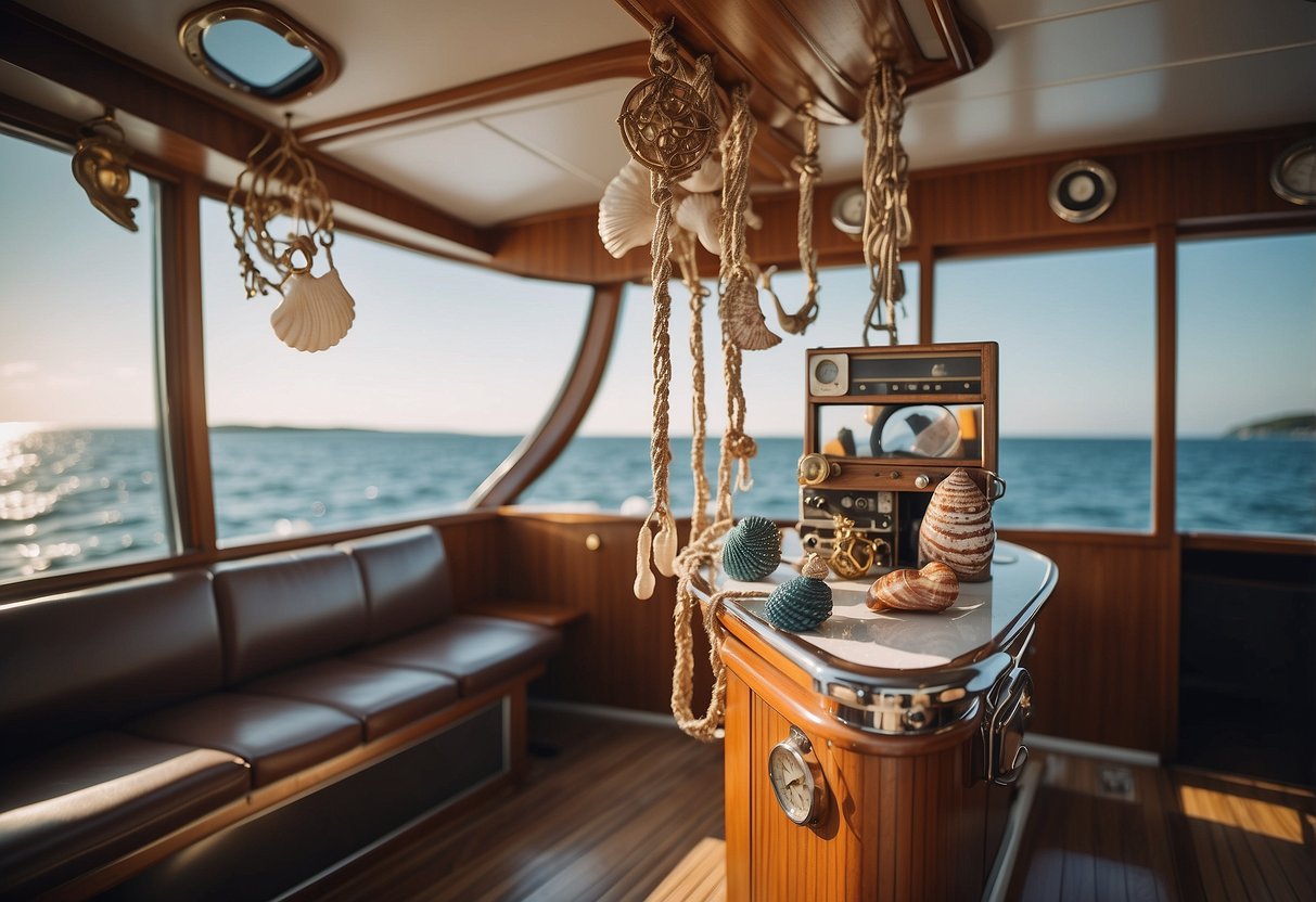 A photo booth on a yacht with marine-themed decorations, such as seashells, anchors, and nautical ropes, set against a backdrop of the open sea