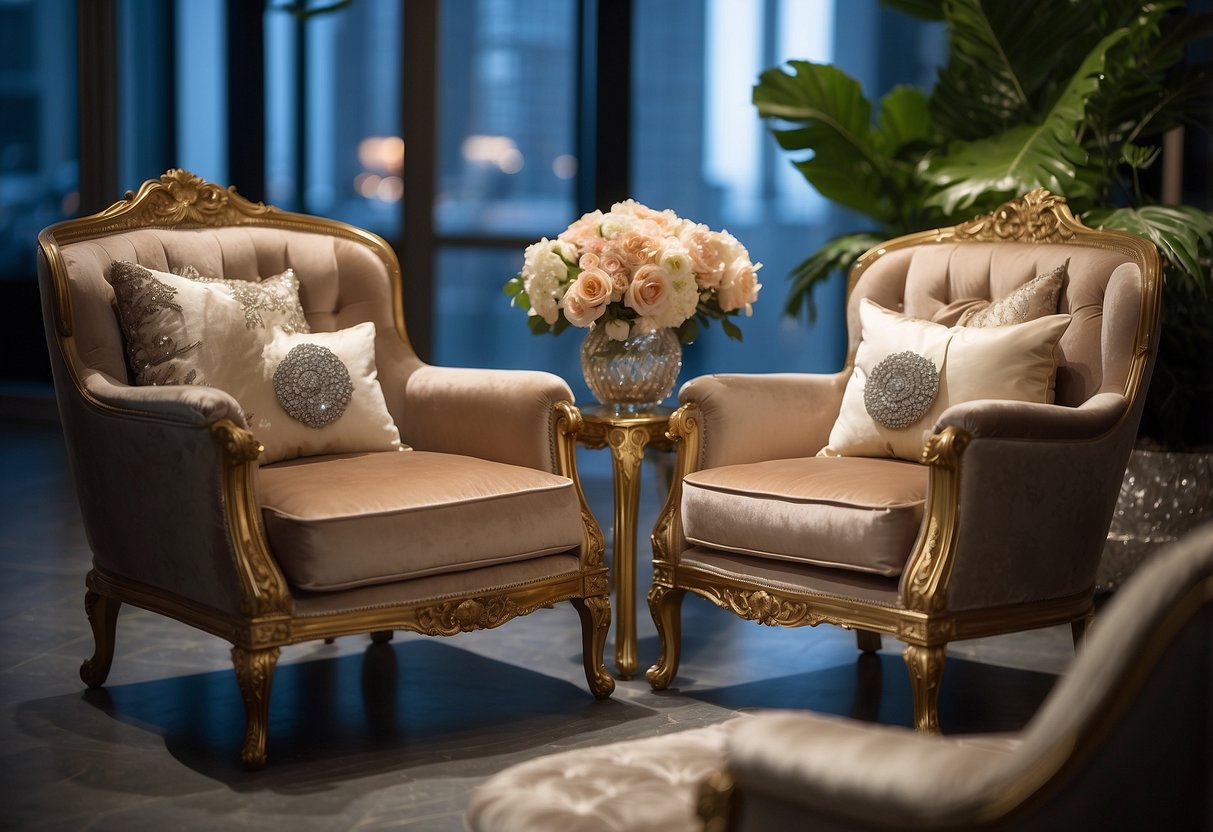 The elegant lounge seating is adorned with opulent floral arrangements, draped in luxurious fabrics, and accented with sparkling crystal details