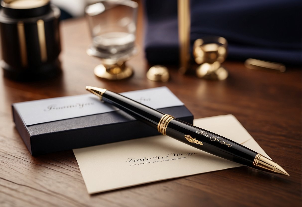 A luxury pen set sits on a polished wooden desk, wrapped in elegant packaging. A ribbon and a small card with "Father of the Groom" written on it are placed next to the pen set