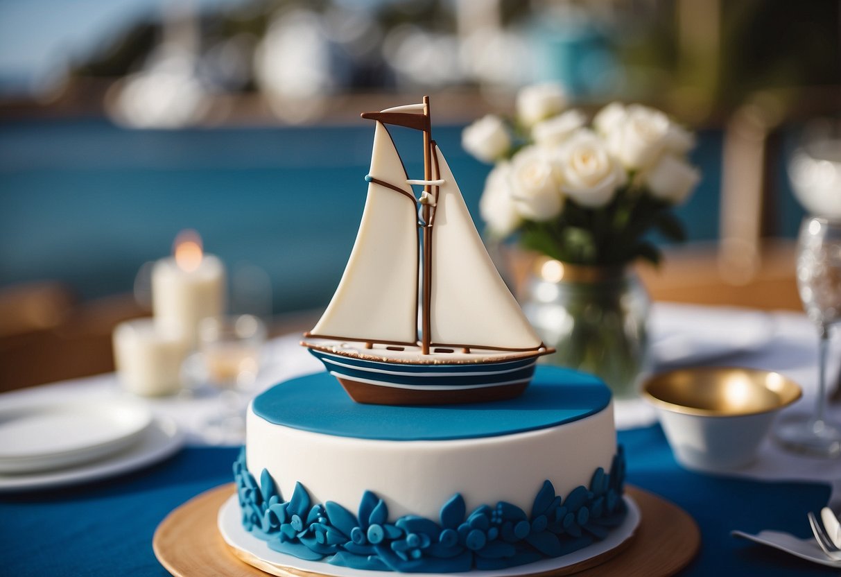 A sailboat cake topper sits atop a white wedding cake, surrounded by nautical-themed decorations and ocean blue table settings