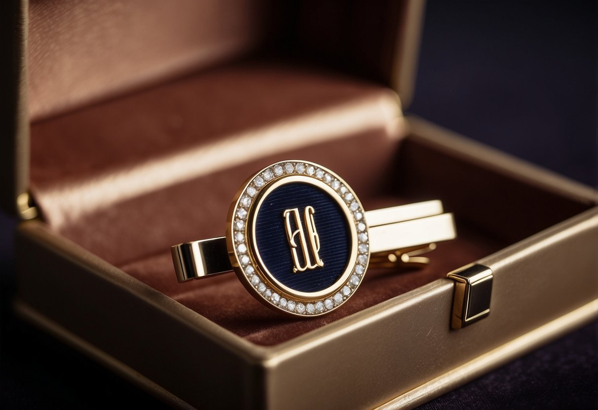 A monogrammed tie clip rests on a velvet-lined box, ready to be gifted to the father of the groom