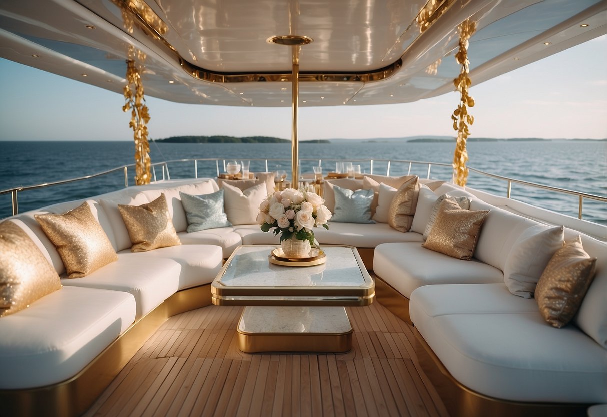 A luxurious yacht deck adorned with elegant white and gold decorations, accented with soft pastel florals and shimmering crystal details