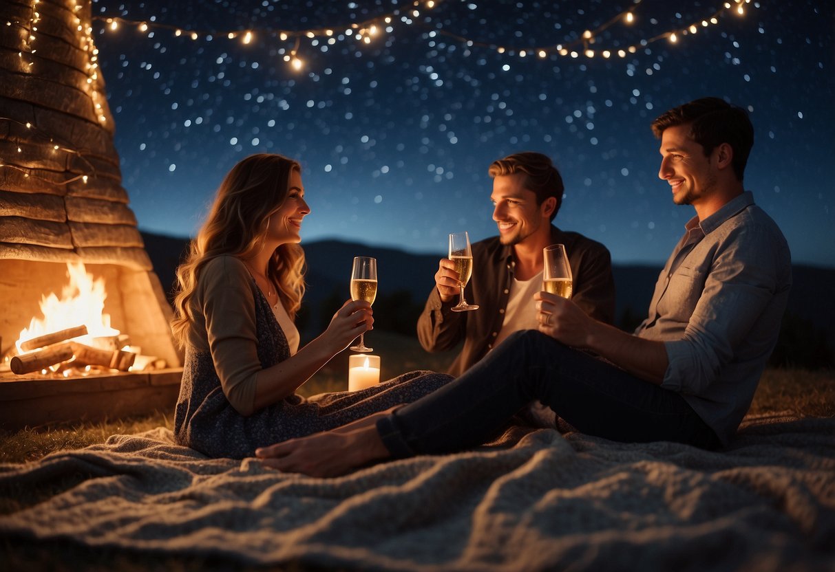 A couple sitting on a blanket under a starry sky, toasting with champagne, surrounded by candles and a cozy fire