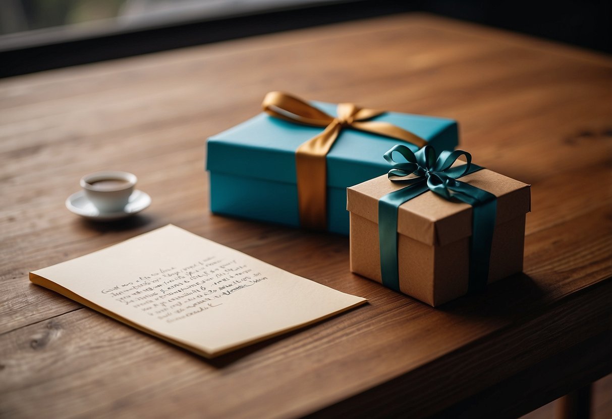 A handwritten letter and a gift box on a table