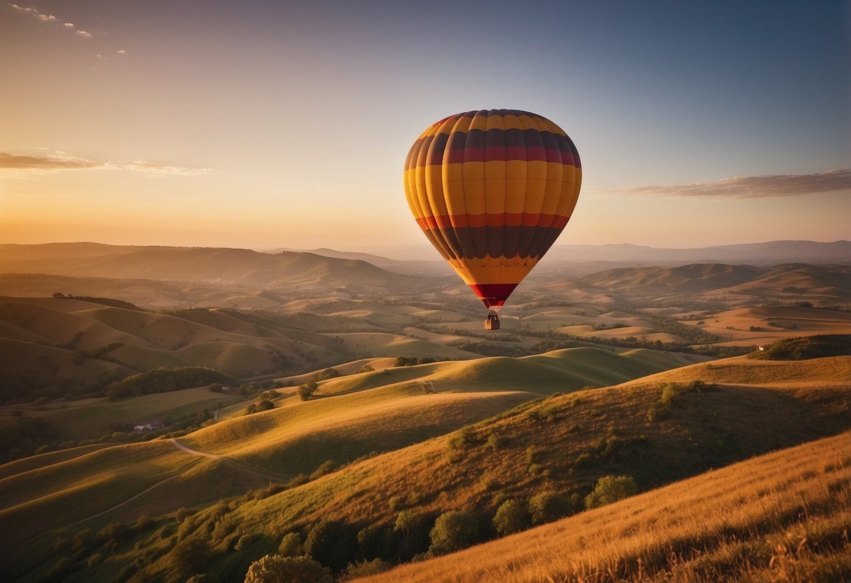 A colorful hot air balloon floats above rolling hills at sunset. The sky is painted with warm hues, creating a romantic and serene atmosphere for a 17th wedding anniversary celebration