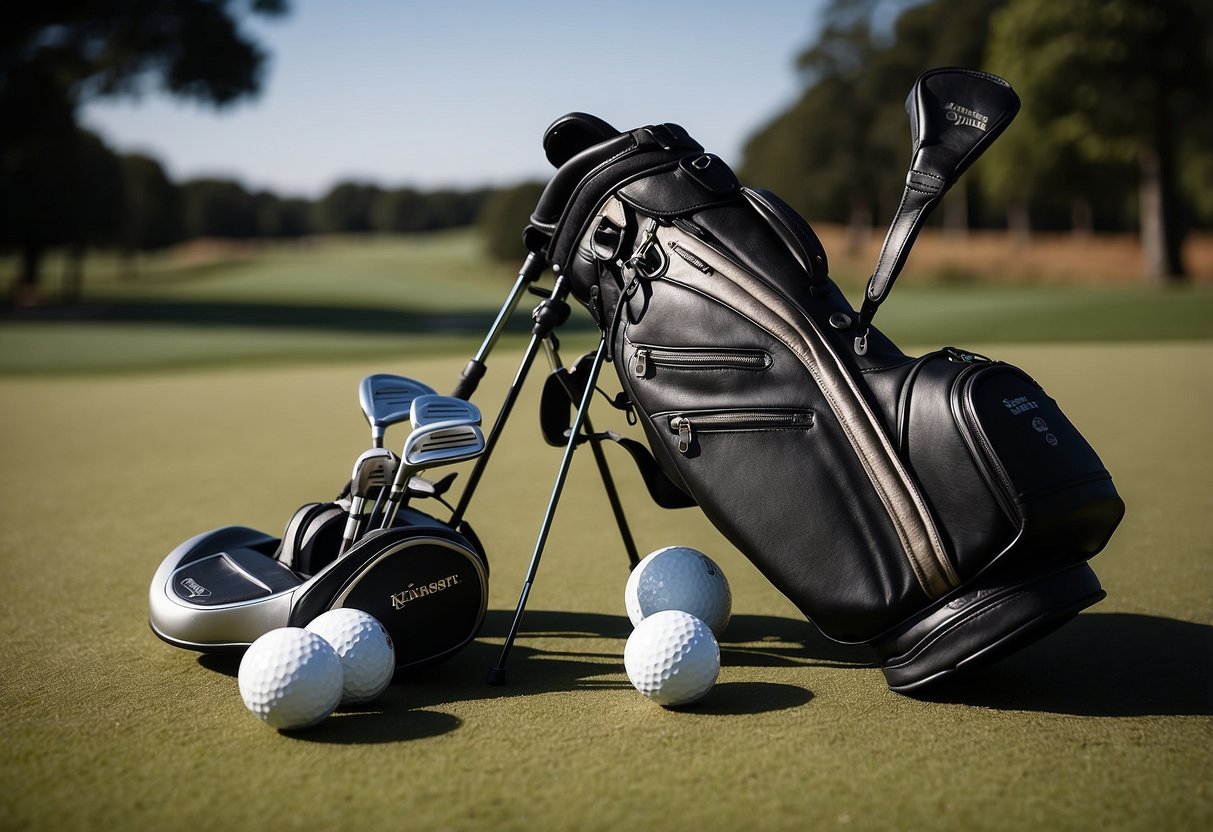 A golf bag sits open, revealing new clubs and accessories. A gift box with a tag reading "Father of the Groom" rests nearby