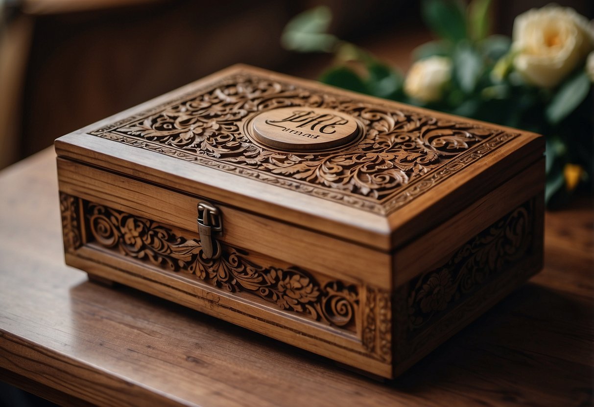 A wooden box with intricate carvings sits on a table, adorned with the initials of the groom's father. A small note is tucked inside, expressing gratitude and love