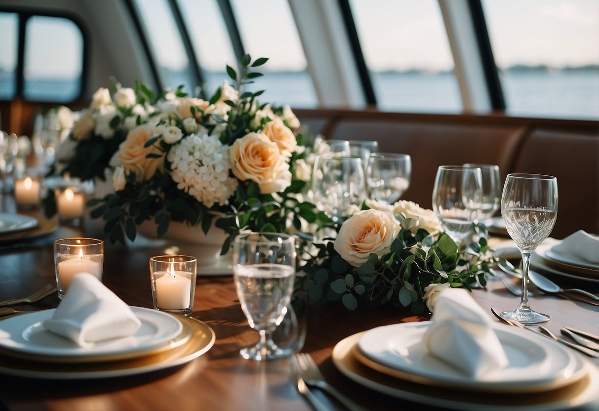 Elegant table settings with floral centerpieces and nautical-themed decor on a yacht for a wedding reception