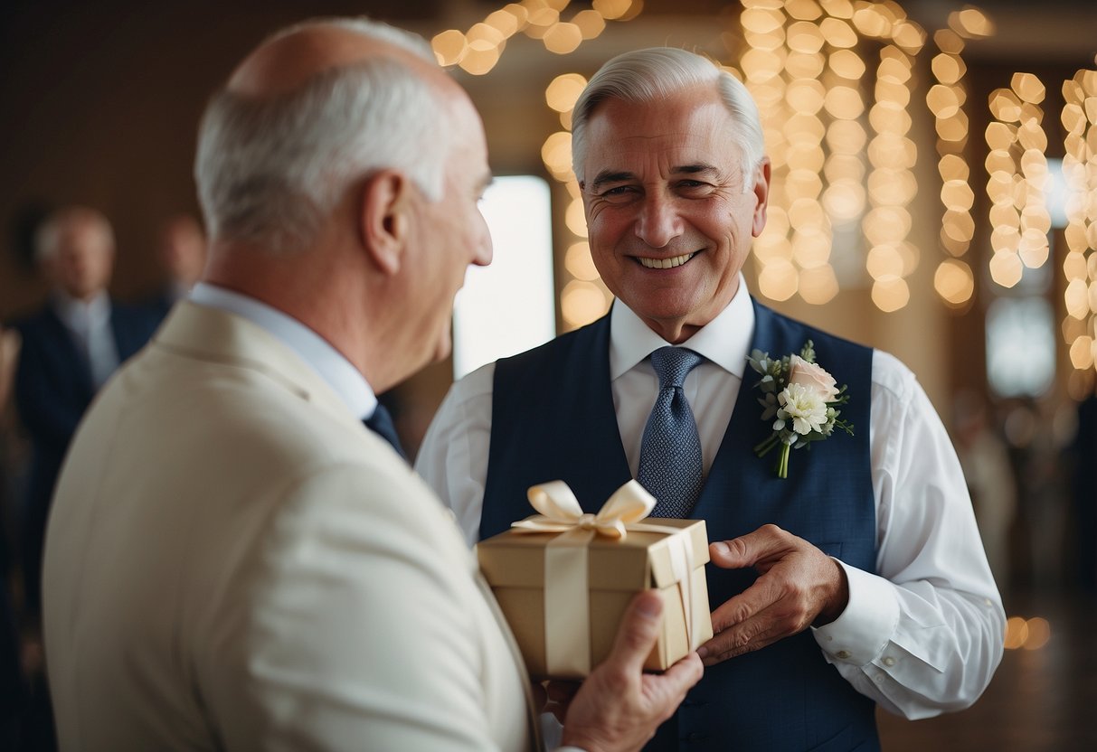 The father of the groom receives a thoughtful gift, symbolizing gratitude and respect for his role in the wedding