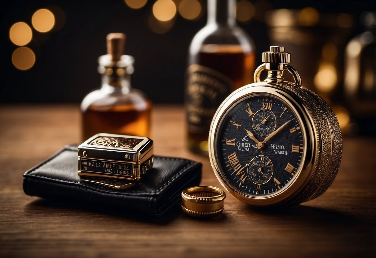 A table with various gift options for the father of the groom: personalized cufflinks, engraved watch, leather wallet, and a bottle of aged whiskey