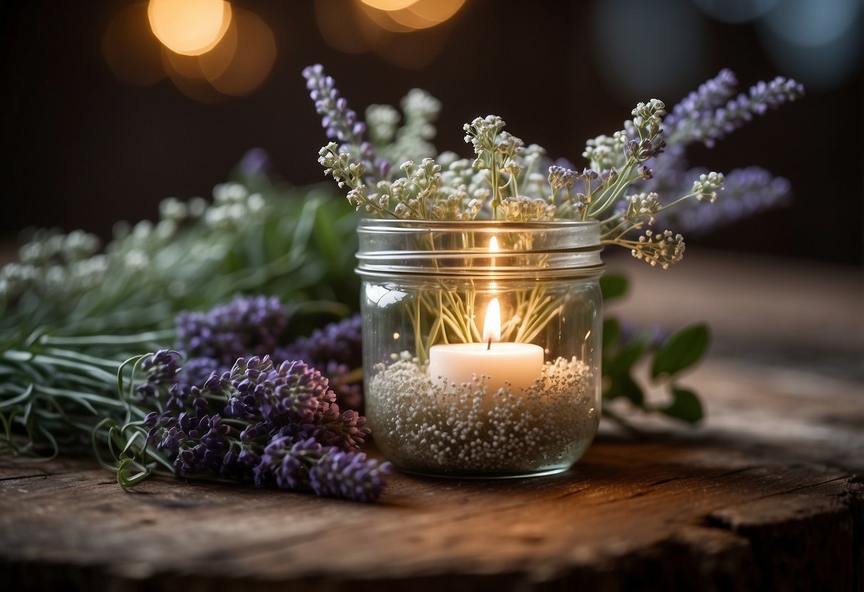 A mason jar filled with baby's breath and lavender, surrounded by tea lights and greenery on a rustic wooden table