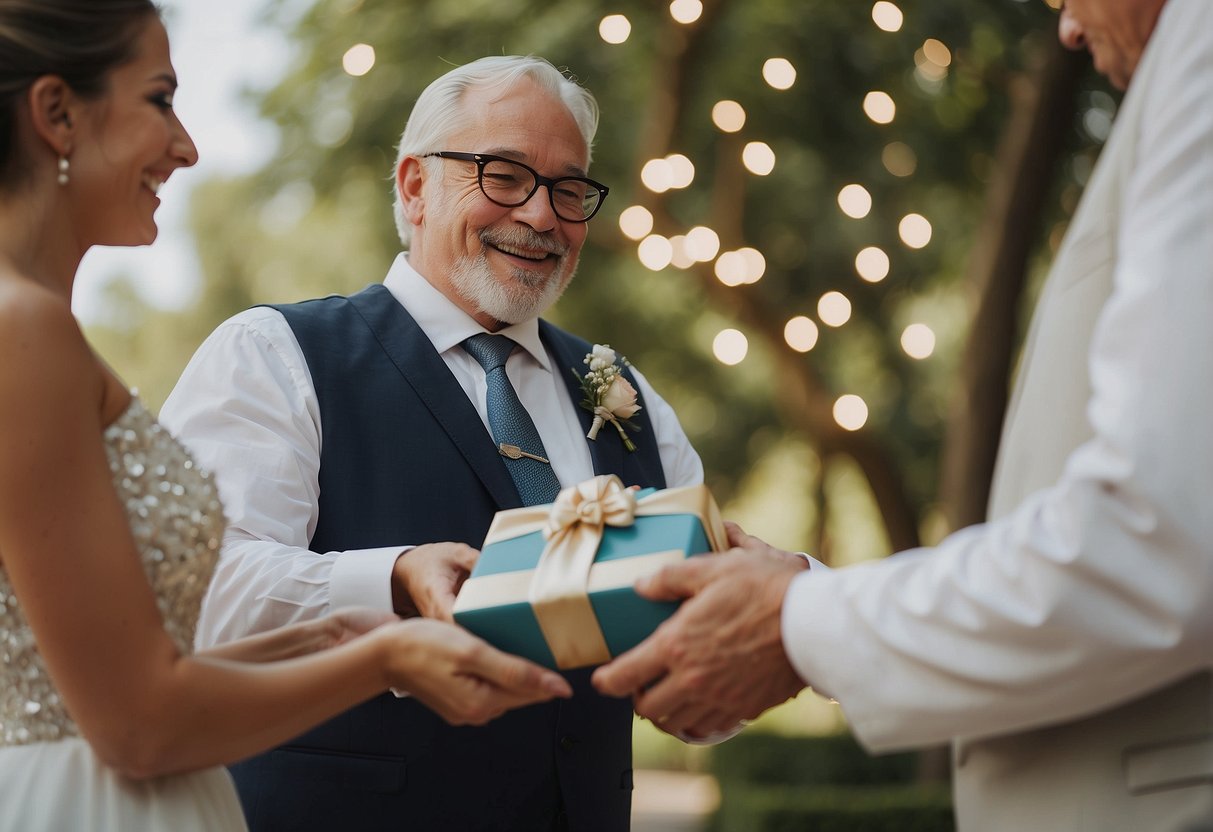 Father of groom receives a gift at wedding