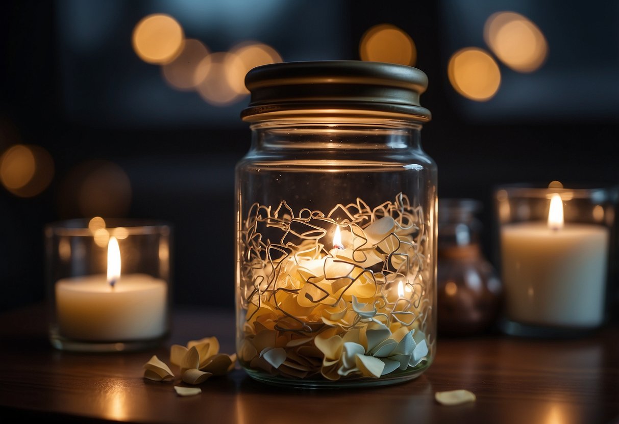 A glass jar filled with small notes and trinkets, symbolizing shared memories and love, sits on a table. Surrounding it are candles and a framed photo of a couple