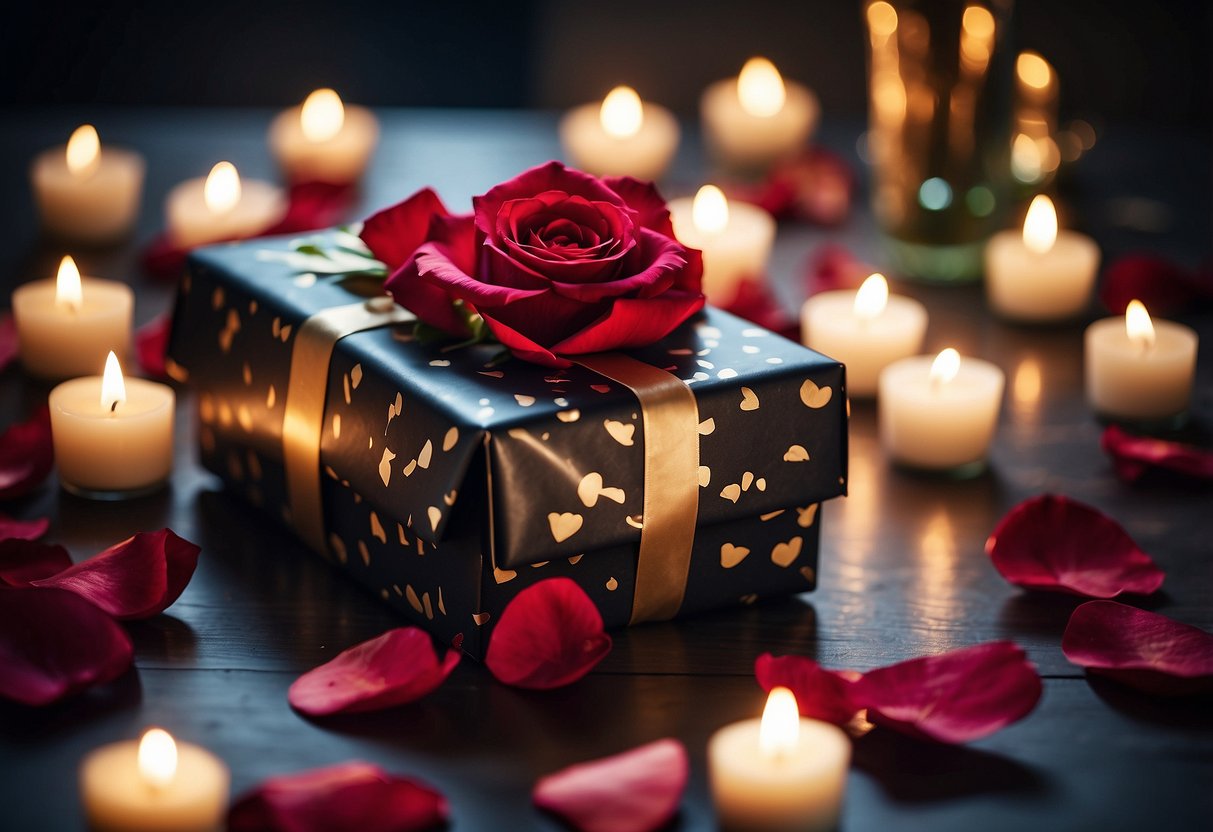 A beautifully wrapped gift box sits on a table, surrounded by scattered rose petals and flickering candles, with a handwritten note peeking out from underneath the ribbon