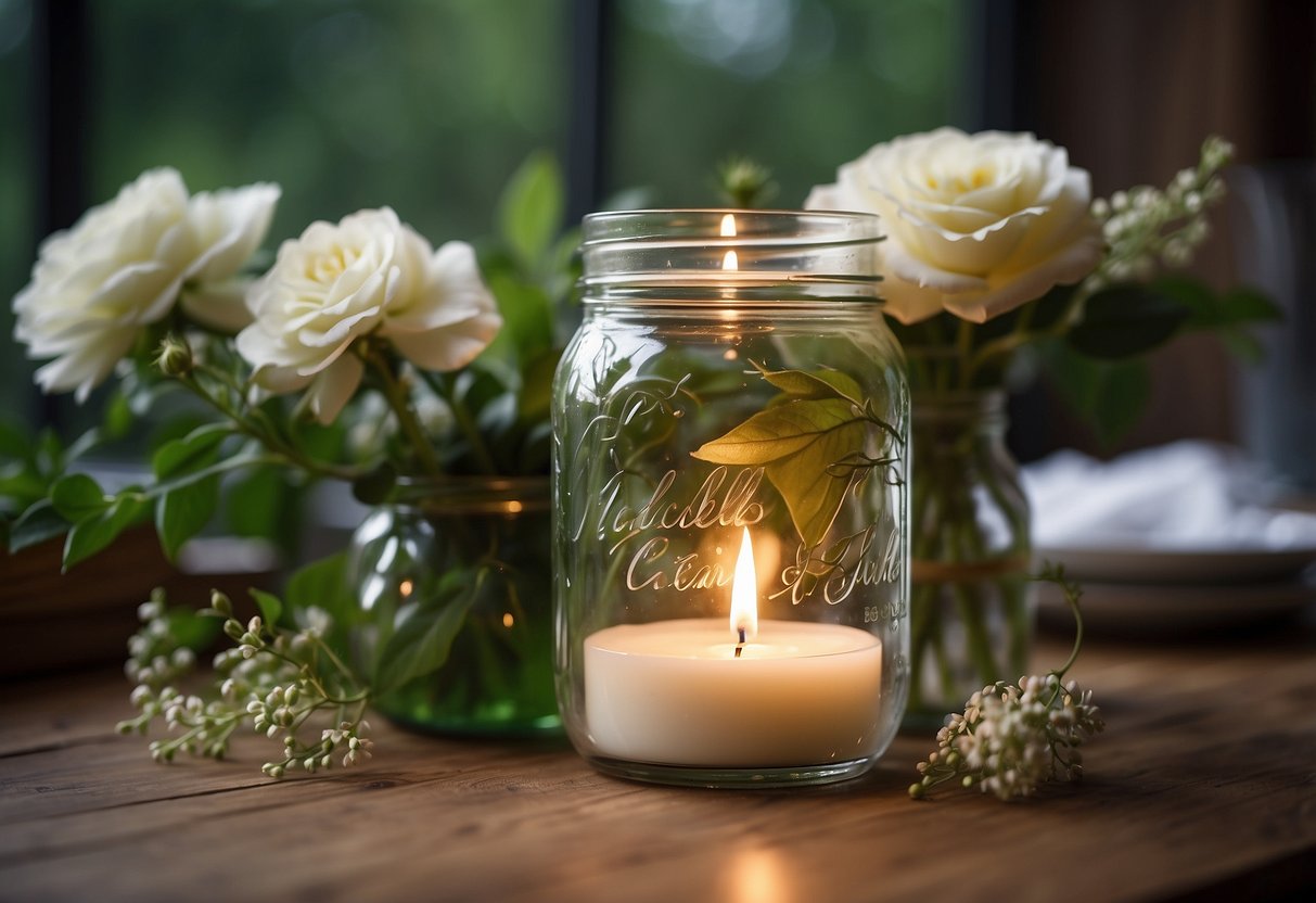 A mason jar sits on a table, filled with water and a floating candle. It is surrounded by delicate flowers and greenery, creating a beautiful centerpiece for a wedding