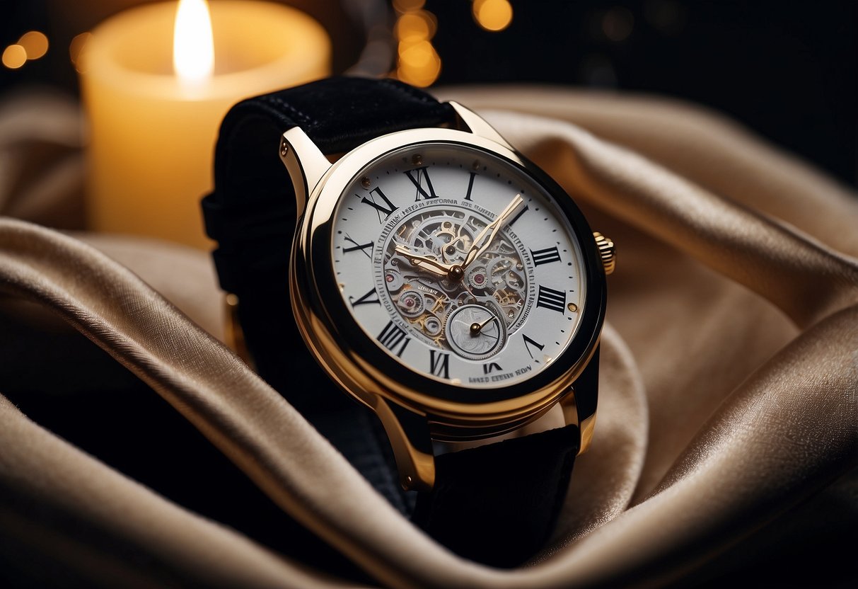 A sleek, engraved watch sits on a velvet cushion, surrounded by soft candlelight and elegant calligraphy