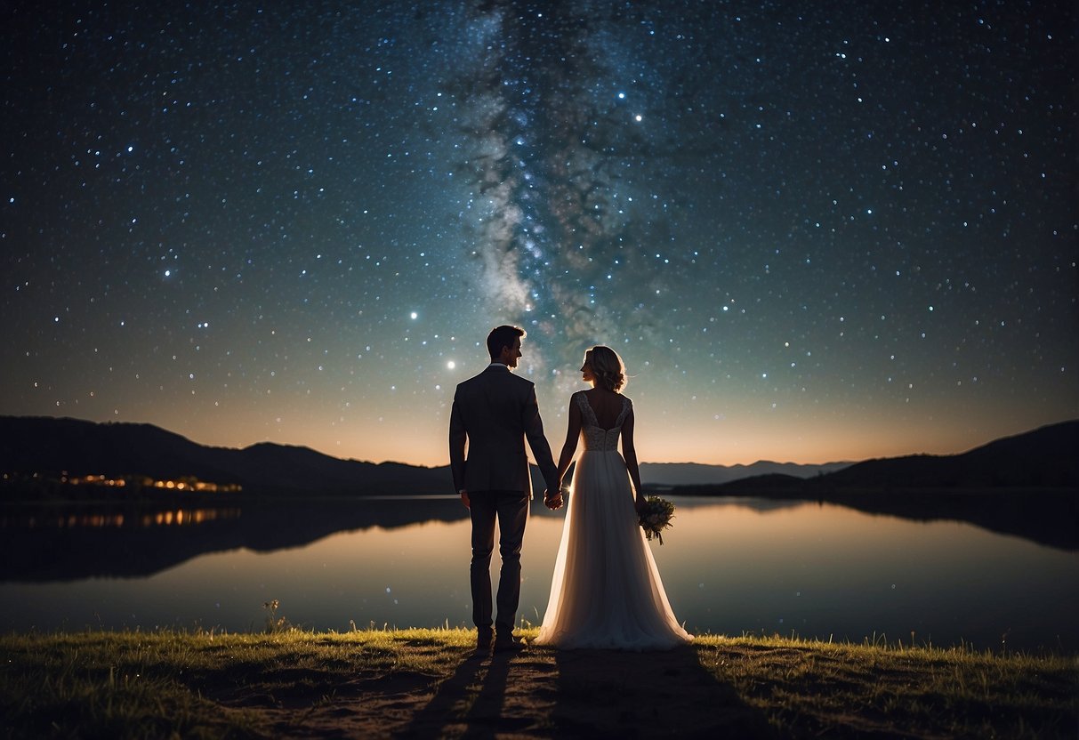 A couple stands under a starry night sky, with a personalized star map highlighting the date and location of their wedding, creating a romantic and meaningful gift for the husband