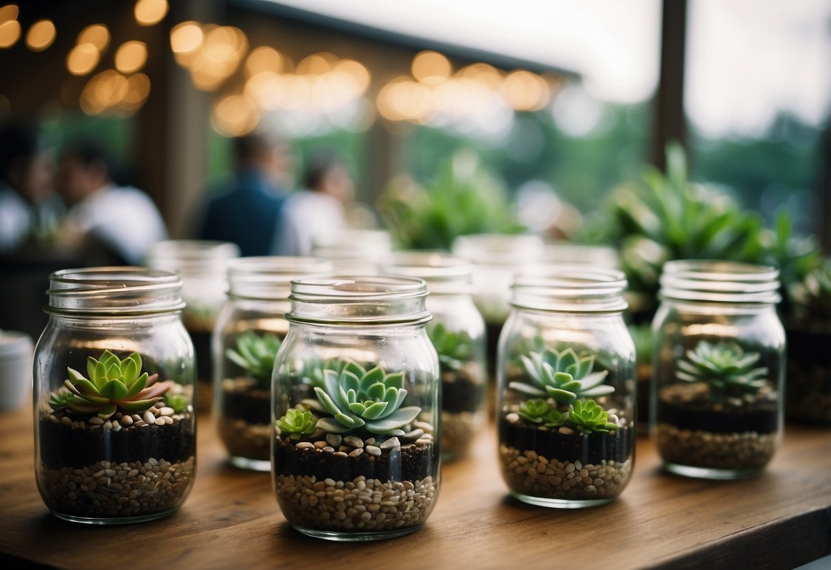 Mini succulents arranged in mason jars, serving as wedding centerpieces