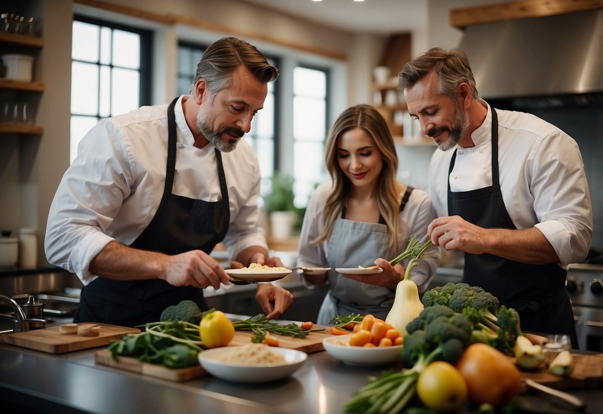 A chef instructs a couple in a luxurious kitchen, surrounded by gourmet ingredients and cooking utensils, as they prepare a romantic meal together