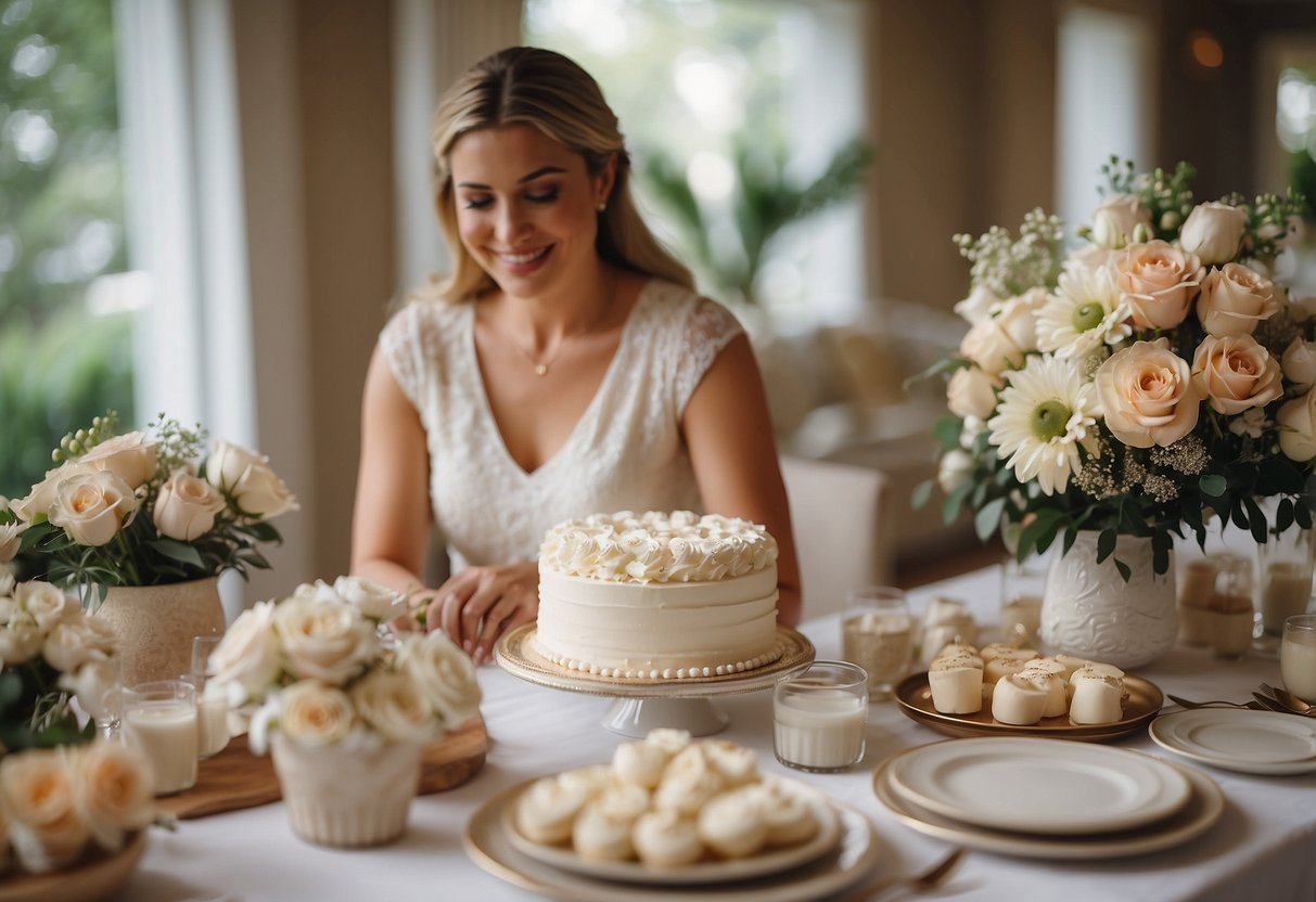 The bride's mother organizes a bridal shower, decorating with flowers and setting up a gift table