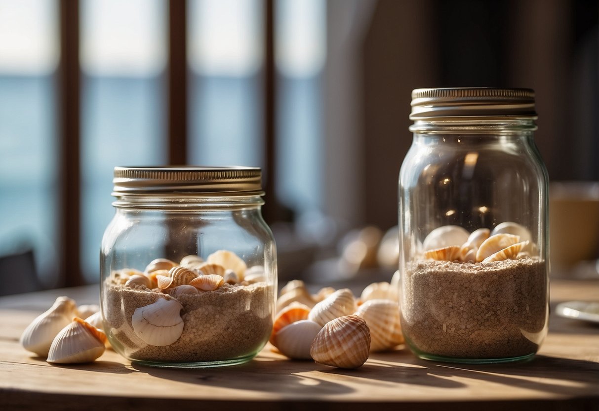 A mason jar filled with seashells and sand sits atop a table, serving as a centerpiece for a wedding celebration