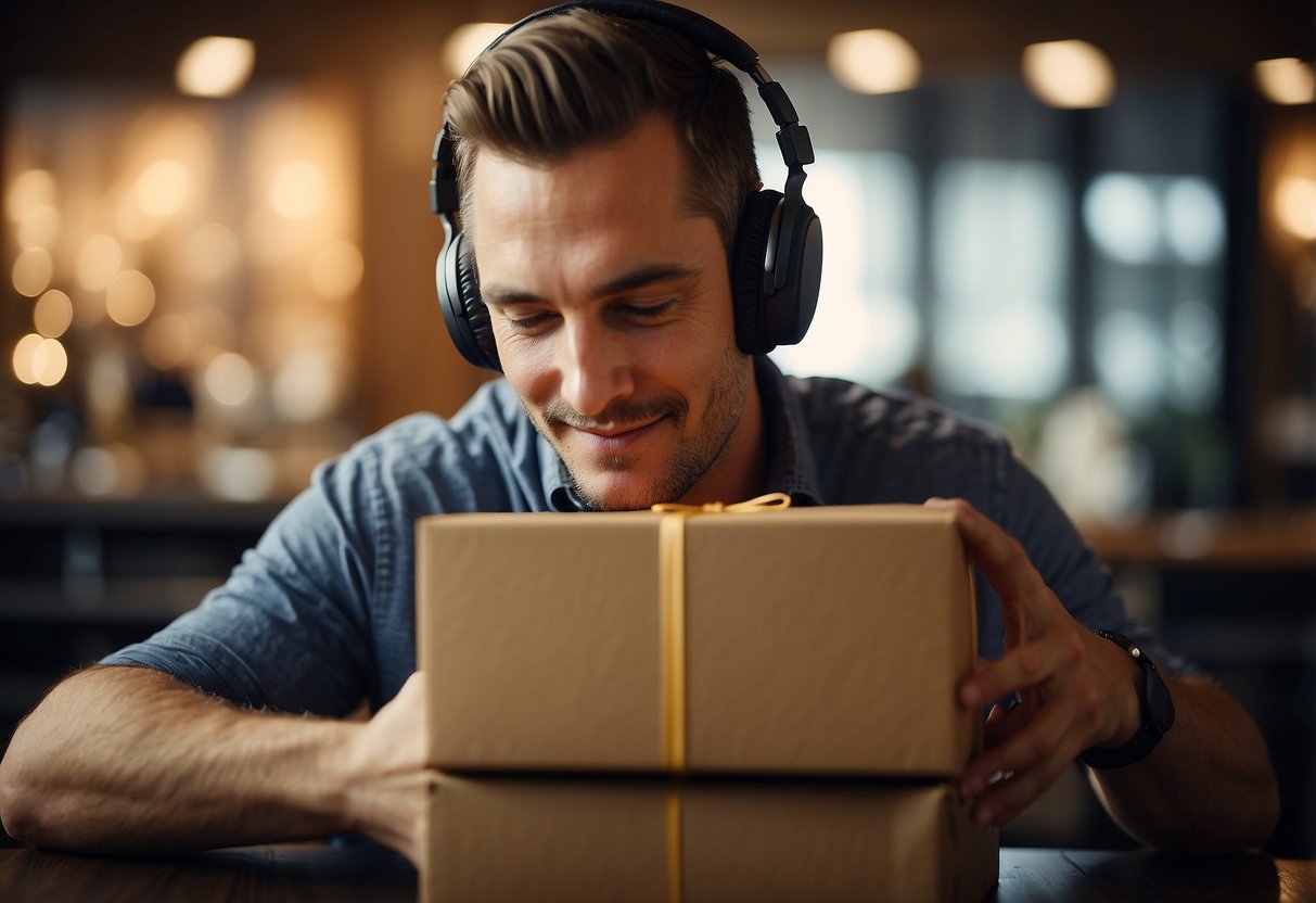 A man opens a box revealing noise-canceling headphones, a thoughtful wedding gift