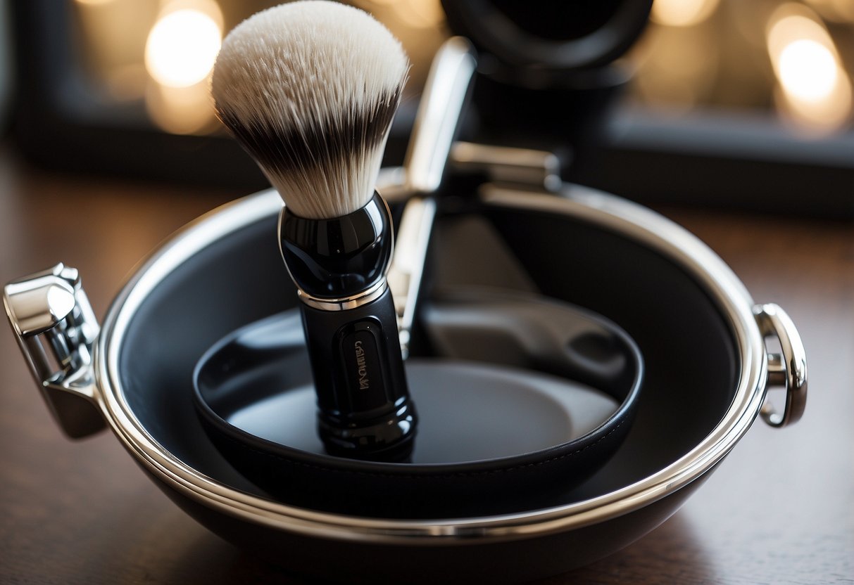 A sleek, black leather case opens to reveal a silver razor, brush, and polished steel shaving bowl. A monogrammed initial adds a personal touch to this elegant wedding gift idea for a husband