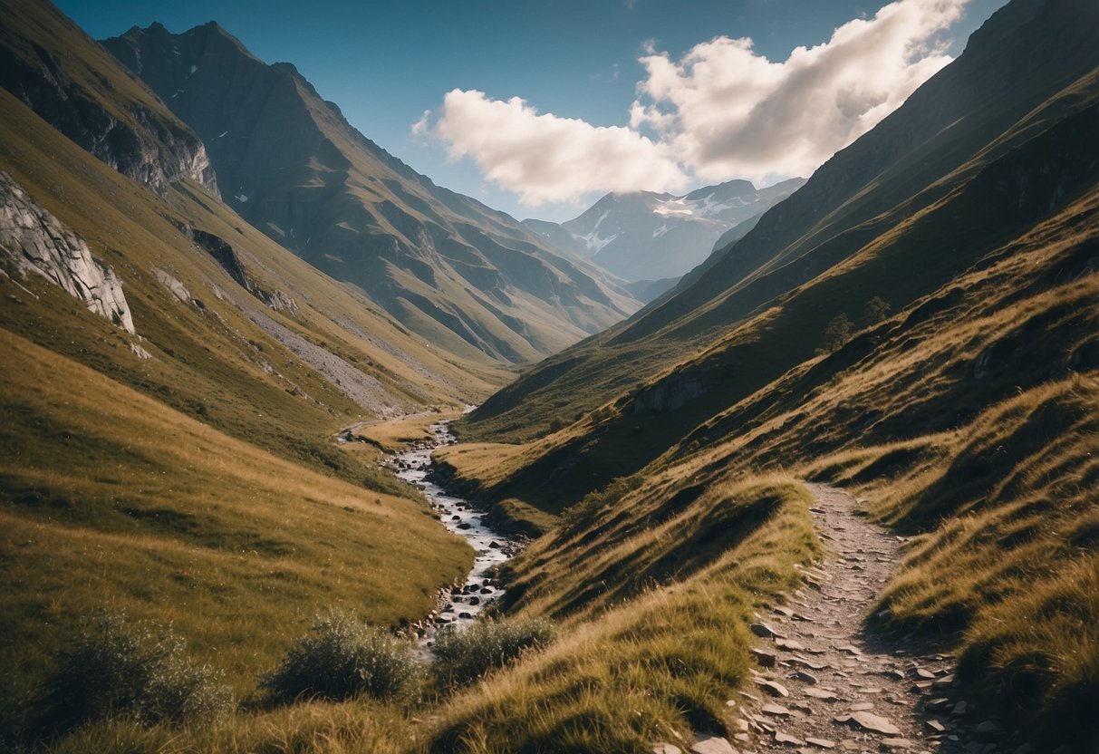 A rugged mountain landscape with a winding trail leading to a hidden waterfall. A sense of exploration and excitement fills the air