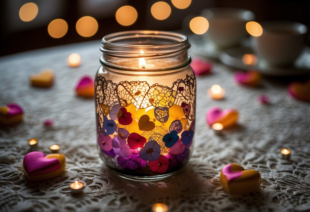 A mason jar filled with vibrant painted hearts sits atop a lace doily, surrounded by scattered flower petals and flickering tea lights, creating a romantic wedding centerpiece idea