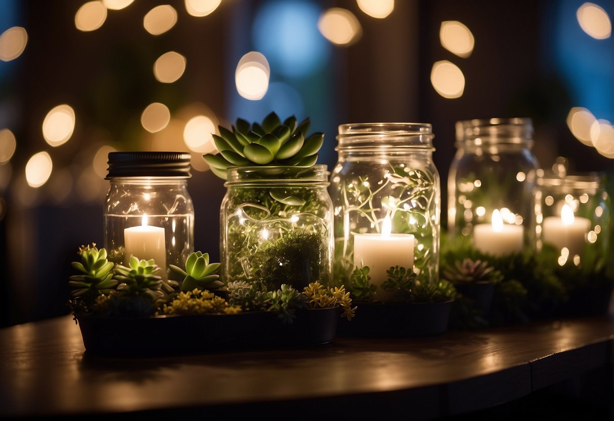 A mason jar filled with lush greenery and delicate succulents, surrounded by twinkling fairy lights and small votive candles, serving as a beautiful centerpiece for a wedding reception