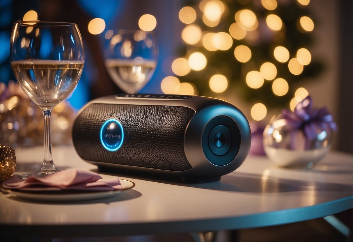 A Bluetooth speaker sits on a gift table, adorned with a bow and wedding-themed wrapping. The room is filled with soft lighting and romantic decor