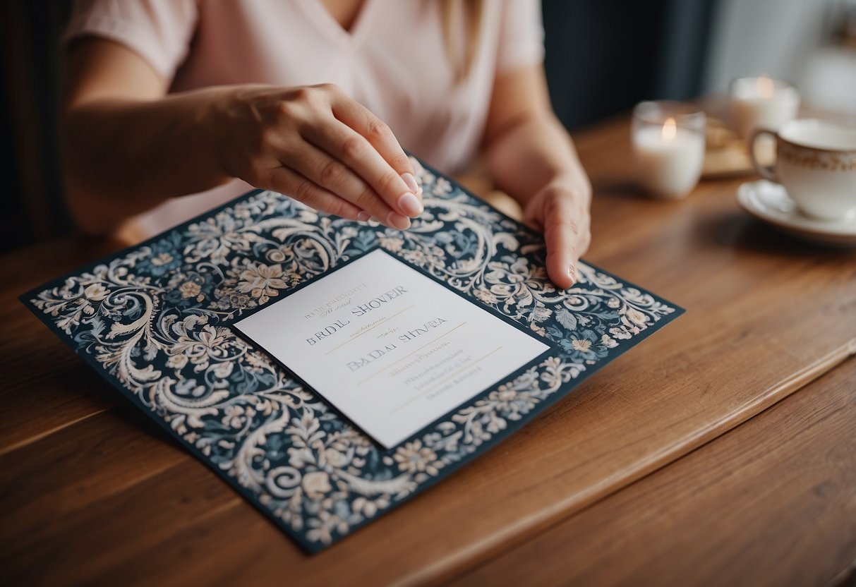 A mother hands her daughter a stack of elegant invitations for her bridal shower