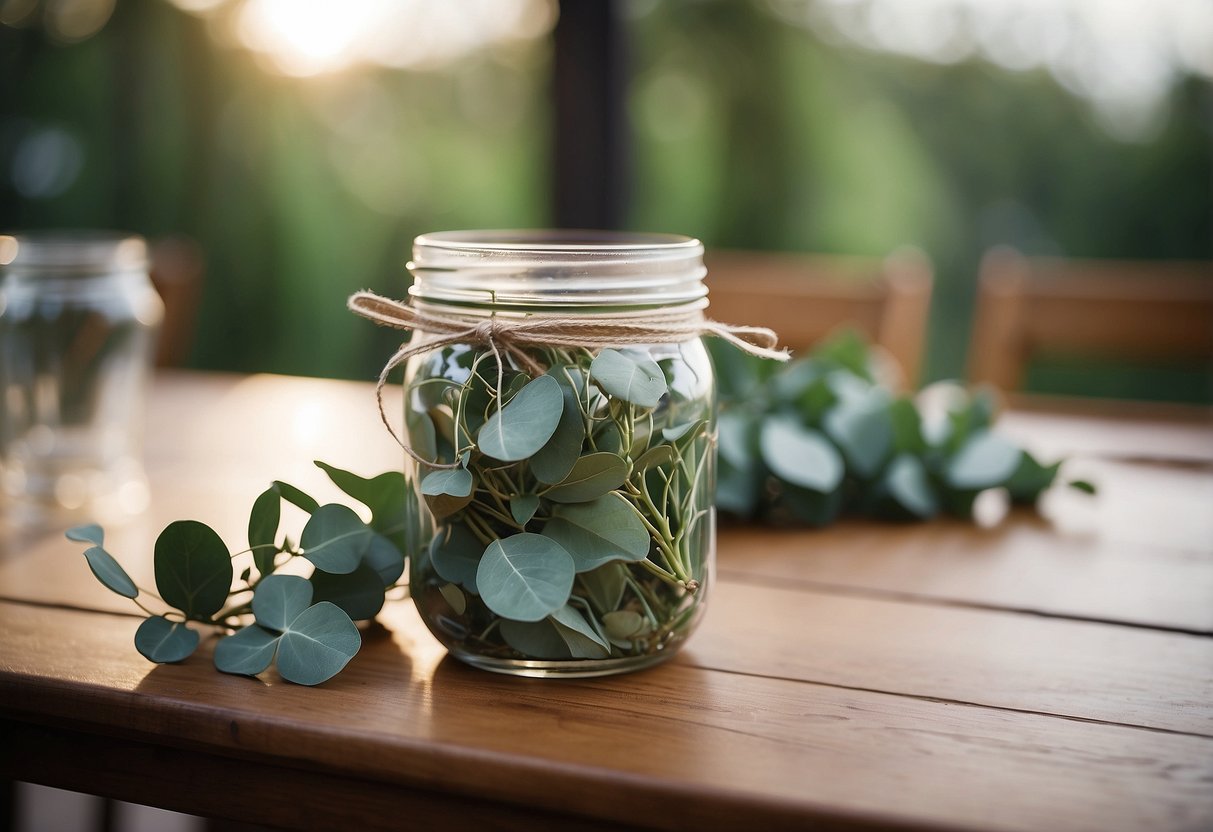 A mason jar filled with eucalyptus and adorned with a ribbon, sitting on a table as a wedding centerpiece